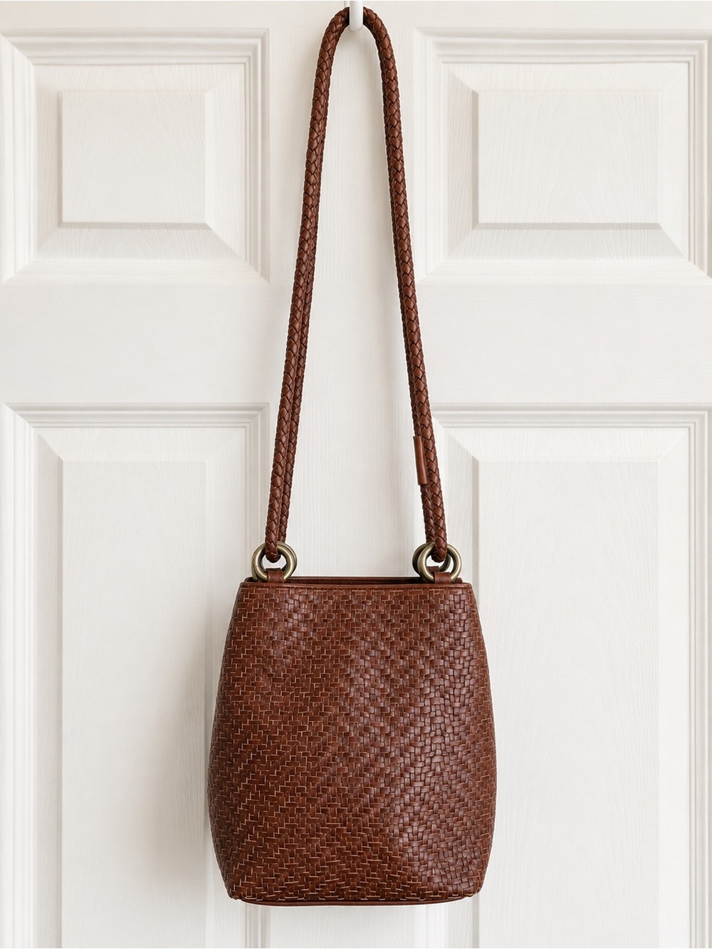 Vintage Woven Leather Crossbody Bucket Bag Brown Boho Travel Market Purse